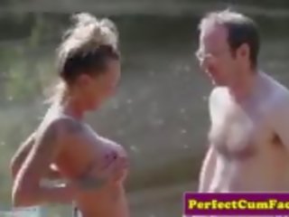 Busty Femdom Tugging fellow Outdoors for Spunk: Free x rated clip ea
